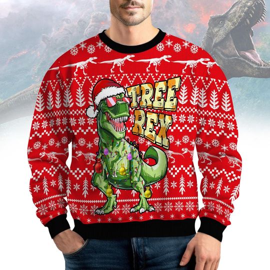 Discover Dinosaur Ugly Christmas Sweater, T-Rex Santa Hat Xmas Sweater, Funny Tree Rex Gift For Men Women, Xmas Holiday Gift For Men And Women