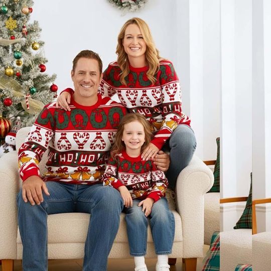 Discover Family Ugly Christmas Sweater, HO HO HO Candy Cane Holiday Jumper, Matching Knitted Sweater, Festive Holiday Gift, Gingerbread Bell Sweater