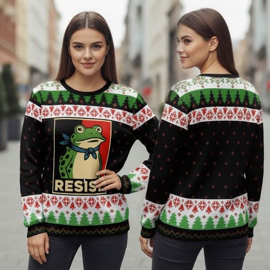 Discover Frog Resist Ugly Christmas Sweater, Portland Frog Protest Sweater, Vintage Activist Sweatshirt, Xmas Holiday Gift For Men Women
