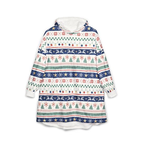 Discover SCANDINAVIAN CHRISTMAS Wearable Blanket, Nordic Winter Hooded Blanket with Deer Snowflakes Christmas Tree & Lights, Holiday Lounge Blanket