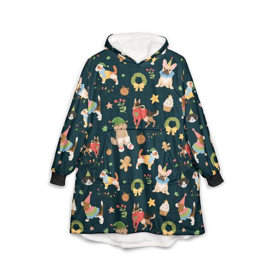 Discover CHRISTMAS DOGS Wearable Blanket, Festive Puppies Hooded Blanket, Holiday Lounge Blanket, Xmas Oversized Plush Hoodie Cute Dog Snuggly Hoodie