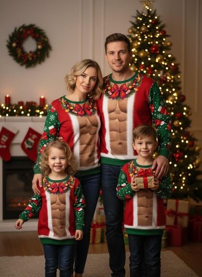 Muscle Family Ugly Christmas Sweater, Matching Family Sweater, Funny Xmas Gift