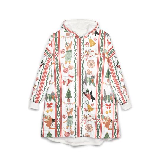 CHRISTMAS CATS Lacy Stripes Wearable Blanket, CHRISTMAS Kittens Hooded Blanket, Pink Girly Christmas Oversized Plush Hoodie, Coquette Xmas