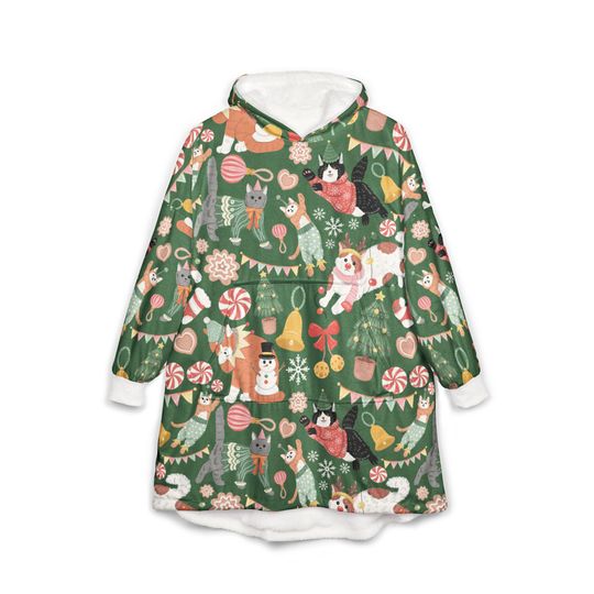 Discover FESTIVE CATS Wearable Blanket, Christmas Hooded Blanket, Winter Holiday Lounge Blanket, Xmas Wearable Blanket with hood, Cat mama gift
