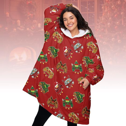 Discover Gamer Christmas Hooded Blanket, Video Game Wearable Blanket, Holiday Lounge Blanket, Unique Xmas Gift