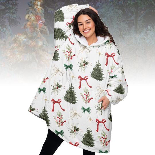 Discover Holiday Trees Christmas Hooded Blanket, Cozy Wearable Blanket, Winter Holiday Lounge Blanket, Festive Xmas Gift