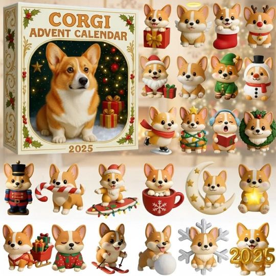 Discover Christmas Corgi Advent Calendar 2025, 24-Day Dog Figurines, Christmas Countdown Box, Corgi Lovers & Families Gift, Rustic Holiday Decor
