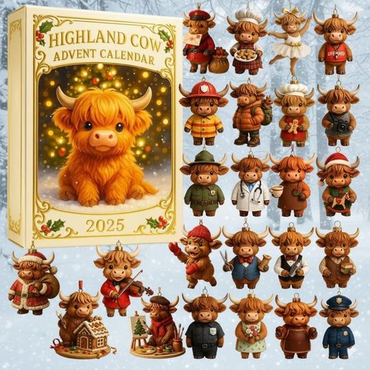 Discover Christmas Highland Cow Advent Calendar 2025, Farmhouse Christmas Countdown, Rustic Holiday Decor, Merry Christmas Gift, Winter Gift