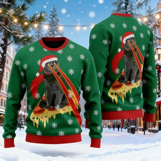 Cat Ugly Christmas Sweater, Ugly Christmas Sweater, Drax Pizza Cat With Laser Eyes, Xmas Sweatshirt, Christmas Gifts, Cat Pizza Sweater