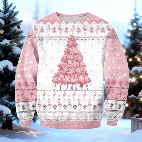 Pink Flamingo Christmas Tree Sweater, Pastel Pink Holiday Sweatshirt, Tropical Ugly Xmas Jumper, Cute Beach Gift for Her, Flamingo Lover