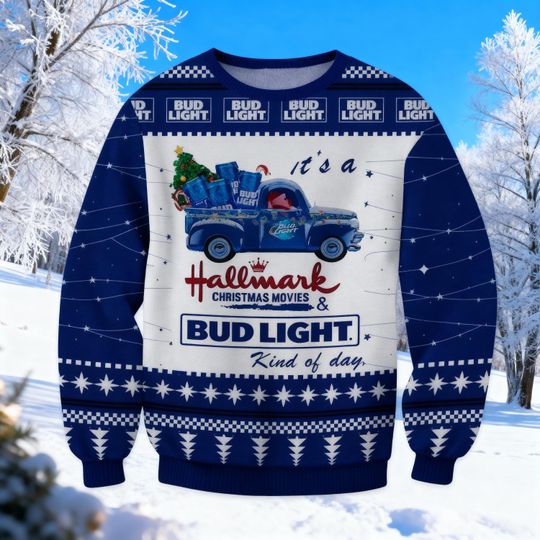 Discover Blue Vintage Truck Christmas Sweatshirt, Cozy Romantic Movie Light Beer Sweater, Funny Holiday Drinking Ugly Xmas Sweatshirt, Gift for Her
