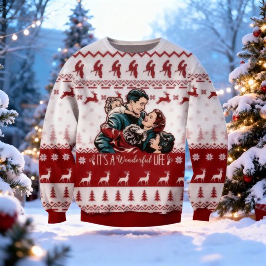 Discover Wonderful Life Christmas Sweater, George Bailey Family Knit, Classic Holiday Movie Jumper, Vintage Xmas Film Gift, Festive Deer Sweater