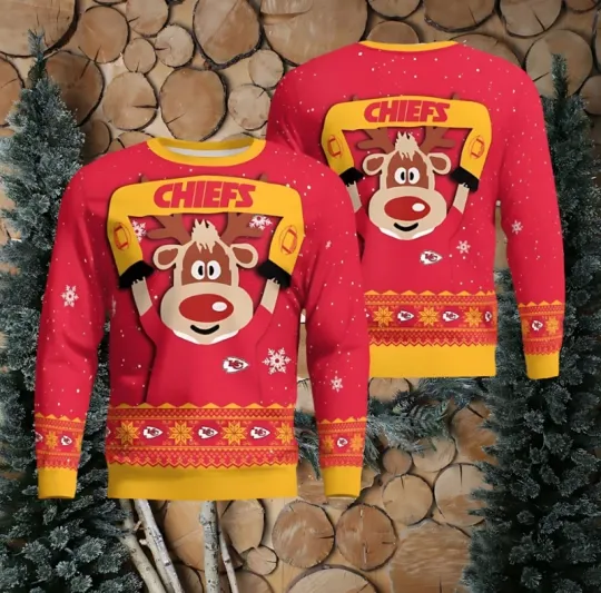 Discover Kansas City Chief Cute Reindeer Ugly Christmas Sweater