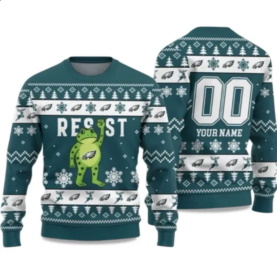 Discover Personalized 2025 Christmas Eagles Portland Frog Resist Ugly Sweater