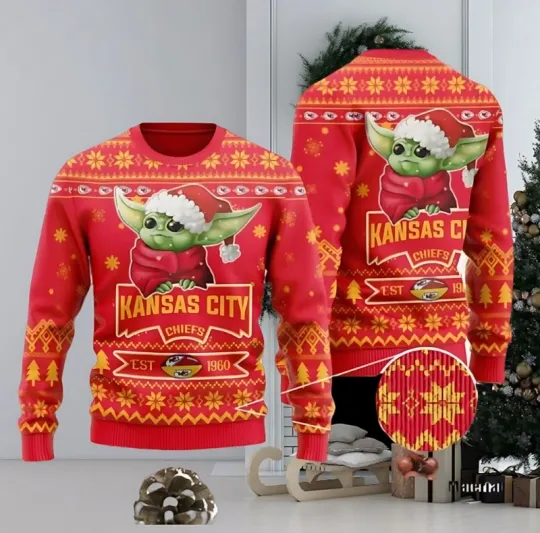 Discover Kansas City Chief Cute Baby Yoda Grogu Ugly Christmas Sweater
