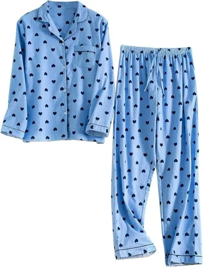 Women's Large Blue Heart Flannel Pajama Set