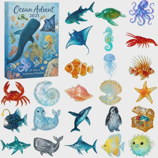 Ocean Advent Calendar 2025, 24 Days of Undersea Wonders, Marine Life Ornament Set, Sea Lover Christmas Gift for Kids