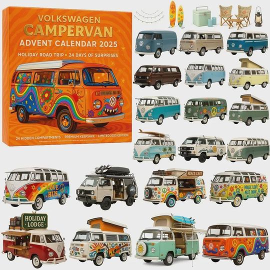 Volkswagen Campervan Advent Calendar 2025 | 24 Days of Vintage VW Bus Models | Holiday Road Trip Gift for Hippie Travelers and Fans