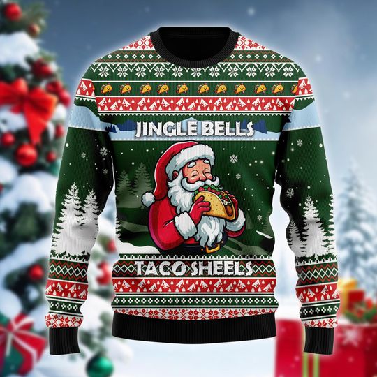Jingle Bells Taco Smells Ugly Christmas Sweater, Santa Eating Taco Jumper, Mexican Food Holiday Sweatshirt