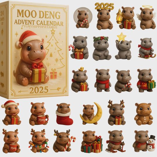 Discover Moo Deng Pygmy Hippopotamus Advent Calendar 2025 | 24 Days of Cute Hippo Figurines | Unique Christmas Countdown Gift for Animal Lovers