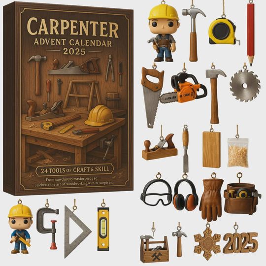 Discover Carpenter Advent Calendar 2025, 24 Tools of Craft & Skill Woodworking Ornament Set, Gift for Builder Craftsman DIY Men