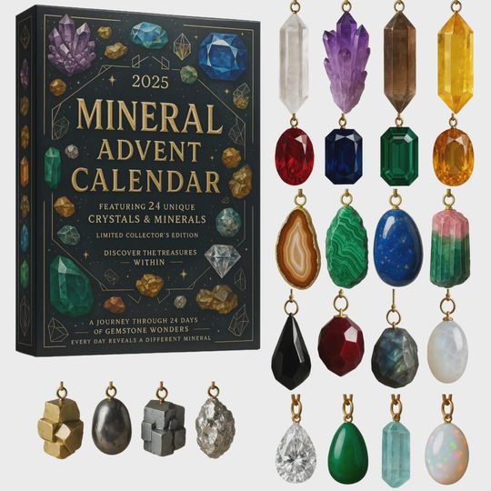 Mineral Advent Calendar 2025, 24 Crystals Gemstones & Minerals Collection, Holiday Gift for Collector Science