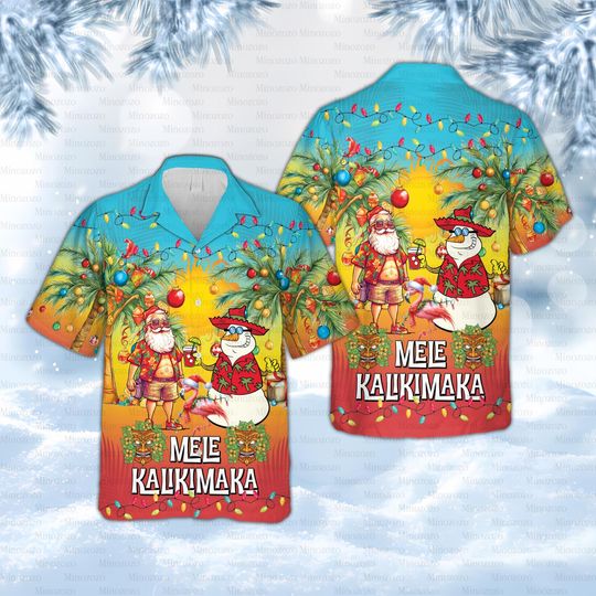 Mele Kalikimaka Hawaiian Shirt, Tropical Christmas Aloha Shirt, Santa Holiday Vacation Beach Shirt