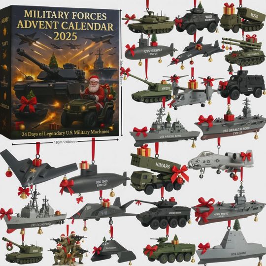 Discover 2025 Military Forces Advent Calendar, 24 Days of US Legendary Machine Ornaments, Army, Navy & Air Force Collector Gift