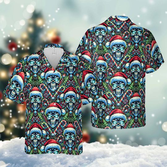 Discover Skull Santa Hawaiian Shirt, Creepy Skull Xmas Shirt, Gothic Christmas Shirt, Spooky Holiday Party Tee
