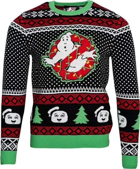 Unisex Ghostbusters Marshmellow Man Xmas Trees Light Up Ugly Christmas Sweater