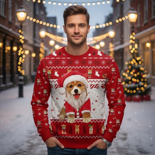 Corgi Ugly Christmas Sweater, Santa Dog Sweatshirt, Xmas Holiday Gift For Men Women And Kids, Dog Owner Christmas Shirt