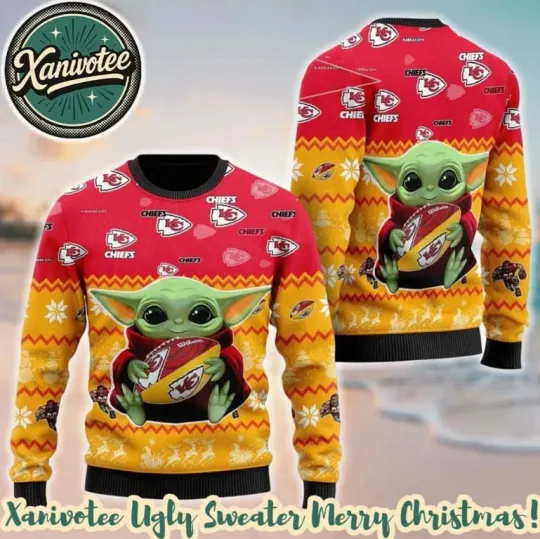 Discover XMAS K.C Chief Team football With Baby Yoda Hug The Ball 2025 Ugly Sweater