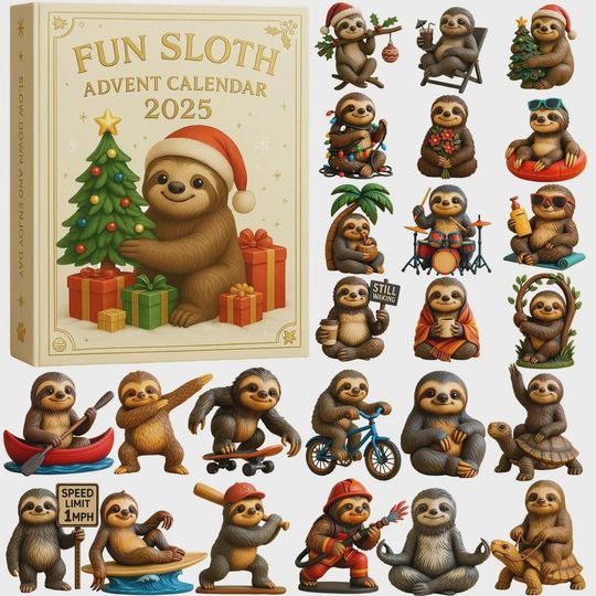 Discover Fun Sloth Advent Calendar 2025, 24 Days of Sloth Figurines in Funny Poses, Slow Down & Enjoy Day Collector Gift