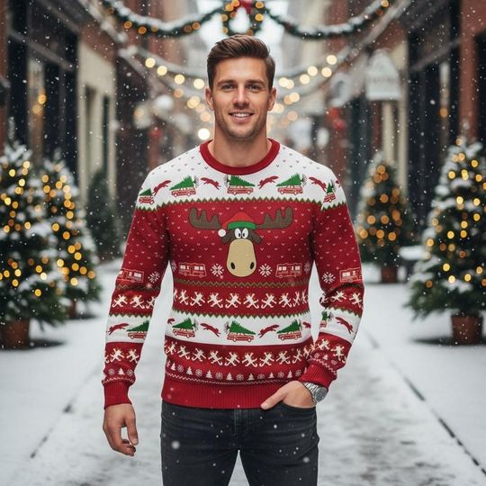 Discover Moose Ugly Christmas Sweater, Festive Red Sweater, Holiday Gift For Men Women, Xmas Winter Gift
