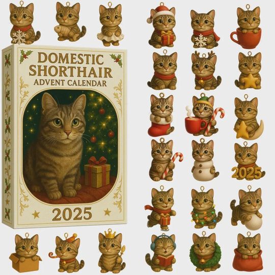 Domestic Shorthair Cat Advent Calendar 2025, 24 Days of Tabby Kitten Ornaments, Cat Lover Collector Gift Box,