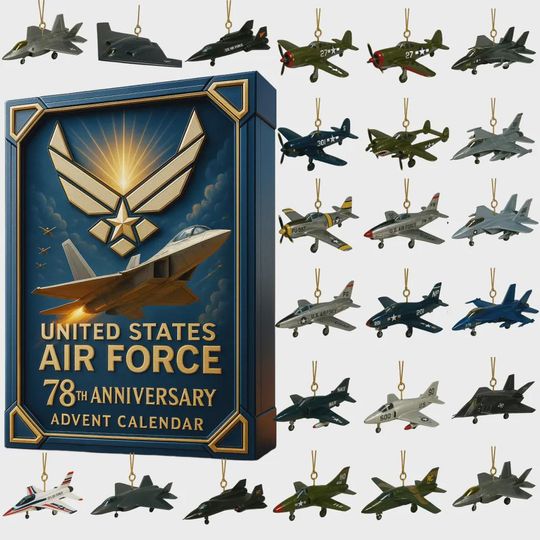 Discover US Air Force 78th Anniversary Advent Calendar 2025, 24 Days of Fighter Jet & Aircraft Ornaments, USAF Veteran Gift