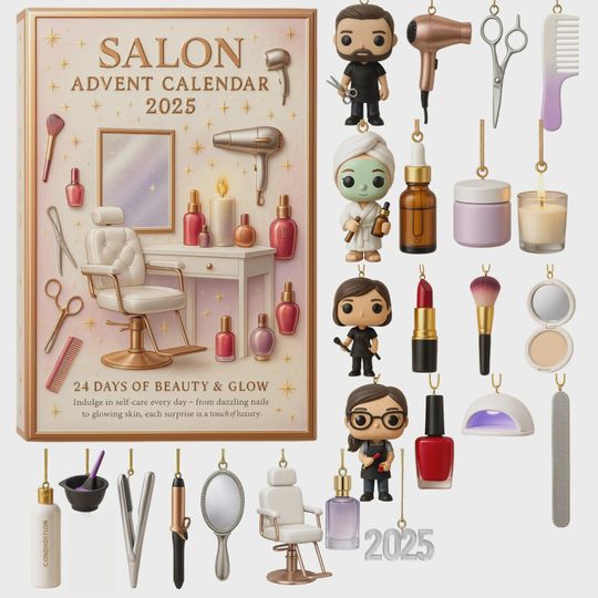 Discover Salon Advent Calendar 2025, 24 Days of Beauty, Hair & Self-Care Ornaments, Hairstylist, Cosmetologist and Self-Care Gift