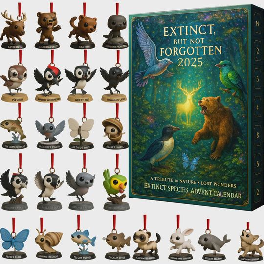 Discover Extinct Species Advent Calendar 2025, 24 Days of Forgotten Animal Ornaments, Extinct But Not Forgotten Tribute Gift