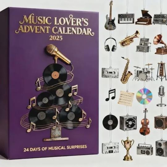 Discover Music Lover's Advent Calendar 2025, 24 Days of Miniature Instrument Ornaments, Vinyl, Guitar & Band Collector Gift Set