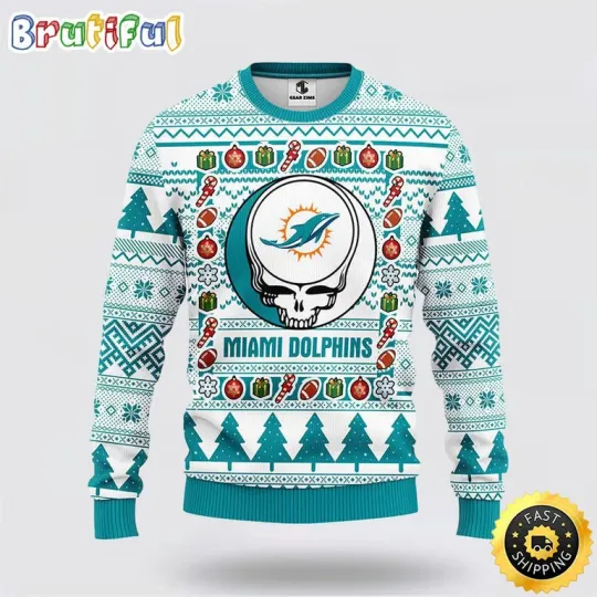 football M!ami Dolphin Ugly Sweater Grateful Dead Ugly Christmas Ugly Sweater