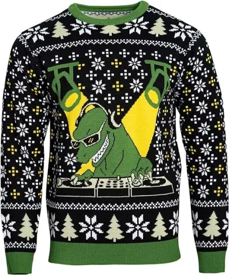 Adult Unisex T-Rex DJ Holiday Dinosaur Ugly Christmas Sweater Fun for Cosplay