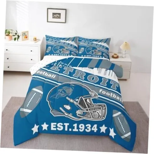 Discover Football Bedding Set, Detroit Comforter Twin Blue Gray White