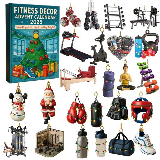Discover Fitness Decor Advent Calendar 2025, Train Bright Lift Light Workout Ornament Set, Health Gift for Gym Trainer Pilates Fan