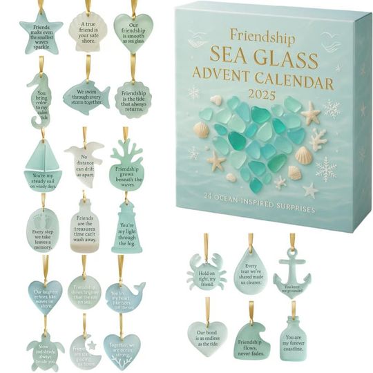 Discover Friendship Sea Glass Advent Calendar 2025, 24 Ocean Inspired Surprises, Coastal Gift with Friendship Quotes for Her