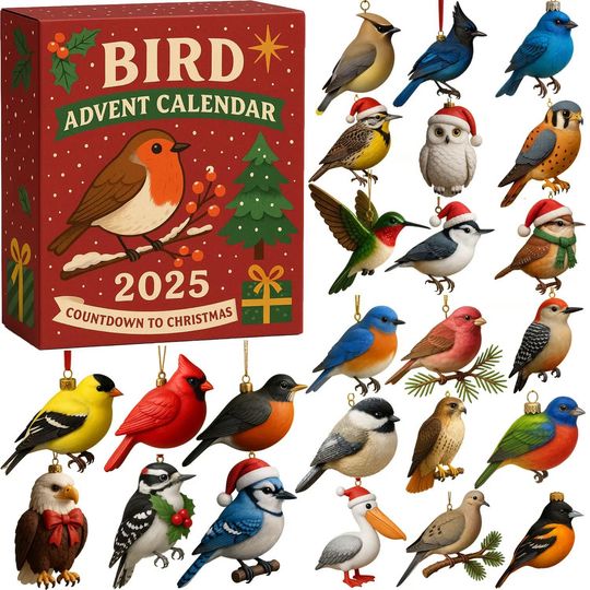 Discover Bird Advent Calendar 2025, 24 Days of Exotic and Wild Bird Species Ornaments, Gift for Bird Watchers and Nature Enthusiasts