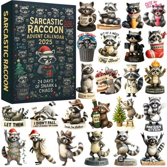 Discover Sarcastic Raccoon Advent Calendar 2025, 24 Days of Snark & Chaos Figurines, Funny Adult Gift for Raccoon Lovers