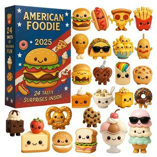 Discover American Foodie Advent Calendar 2025, 24 Days of Delicious Fun Cute Food Ornaments, Christmas Gift for Food Lovers and Bakers
