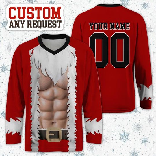 Custom Muscle Gym Santa Claus V-Neck Hockey Jersey for Men