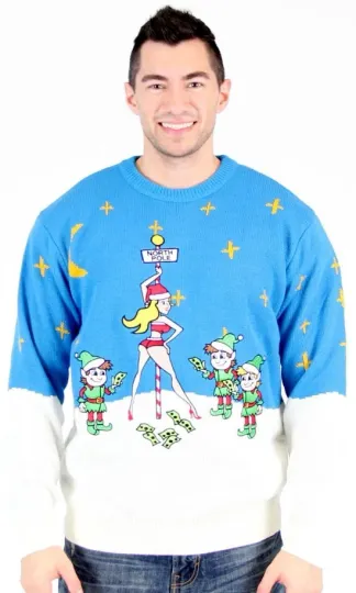 Discover Adult Blue Tacky Ugly Christmas Sweater North Pole Santa Stripper Elf Money