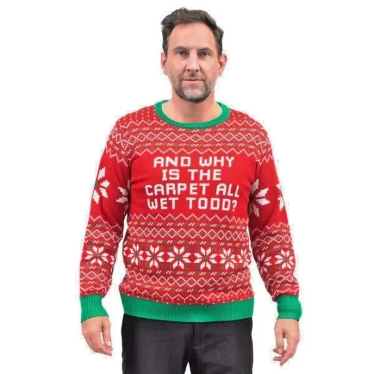 Todd and Margo Why is The Carpet Wet I Don’t Know Knitted Ugly Christmas Sweater